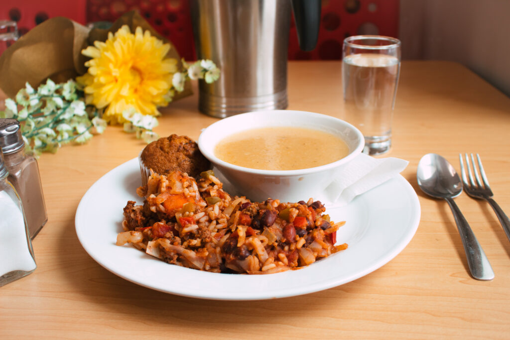 Community lunch - soup, rice casserole, and muffin