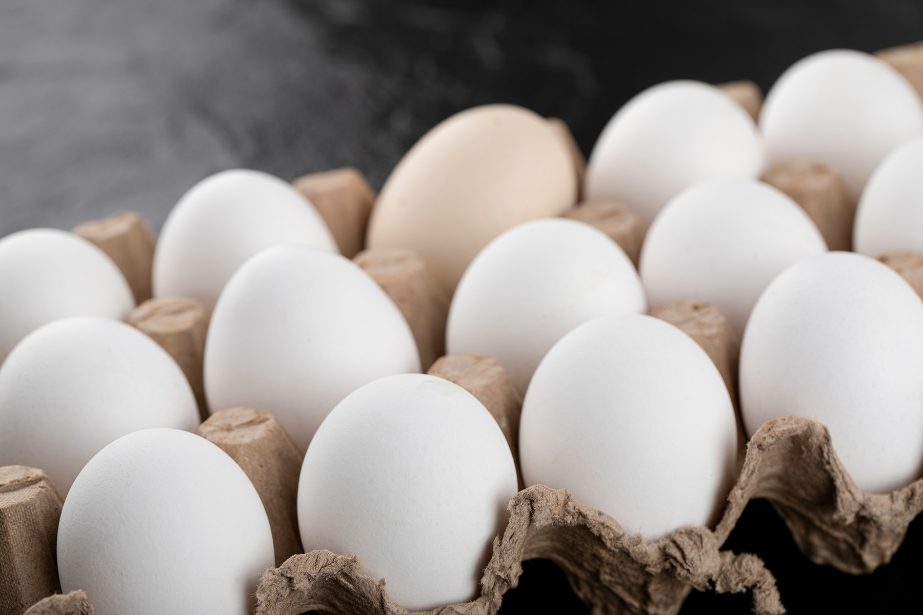 Container of white eggs on black background