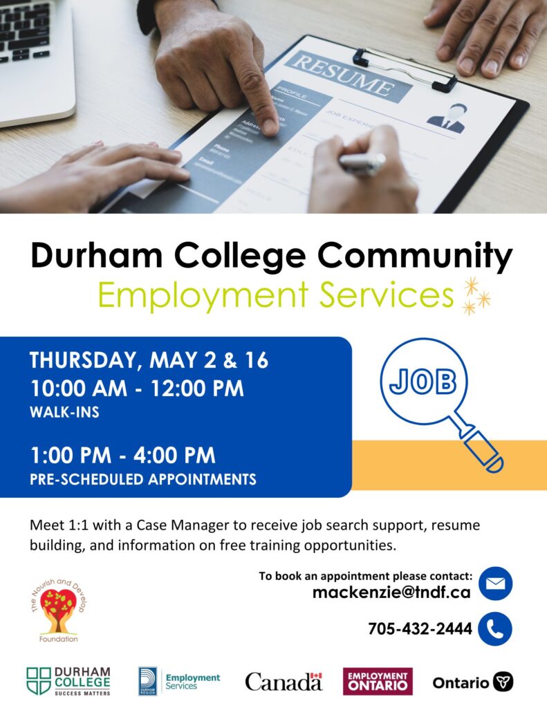 Durham college community employment services visit poster on May 2 and 16