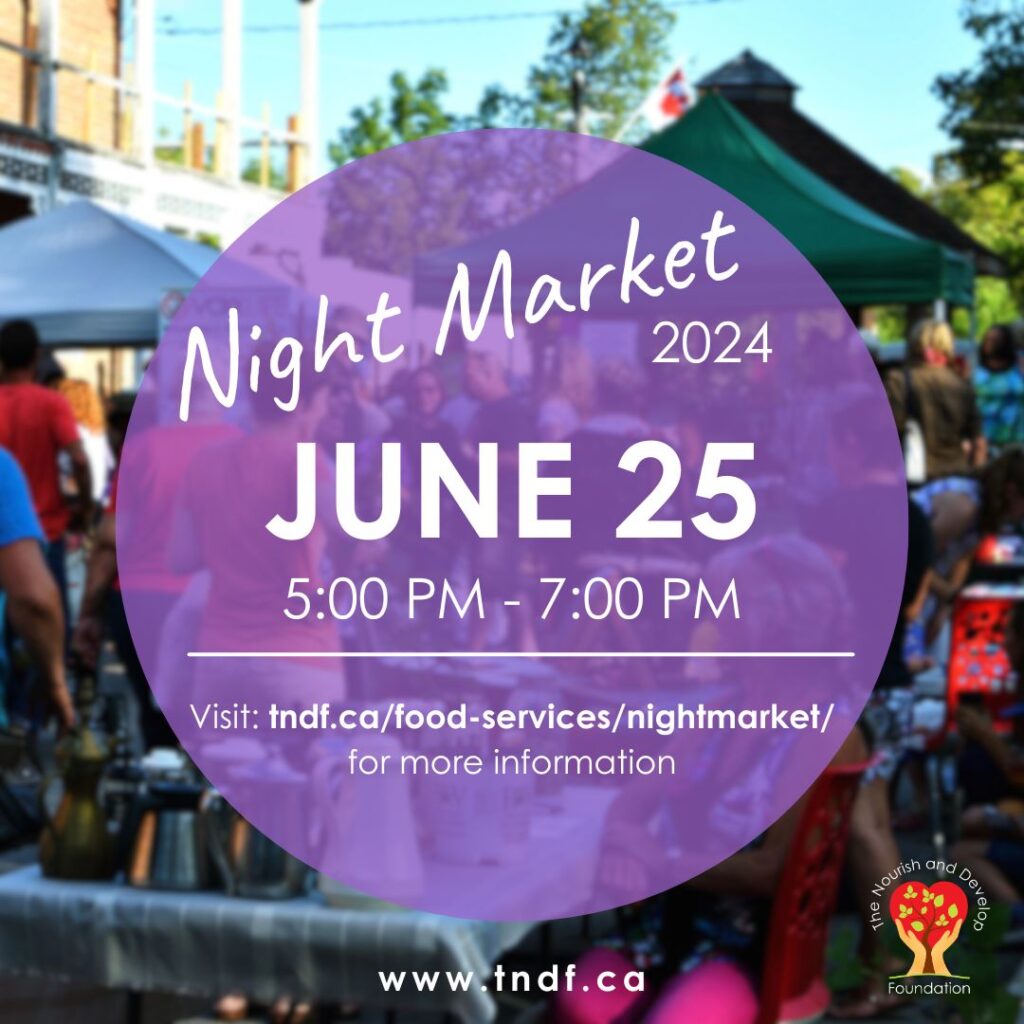 Night Market circle graphic overlaying night market crowd with text describing event date of June 25 5pm-7pm