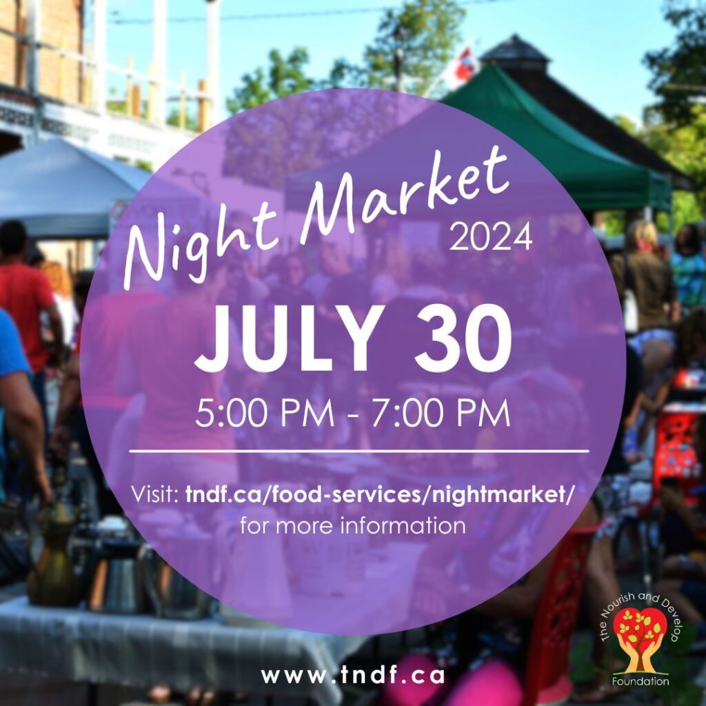 Night Market circle graphic overlaying night market crowd with text describing event date of July 30 5pm-7pm