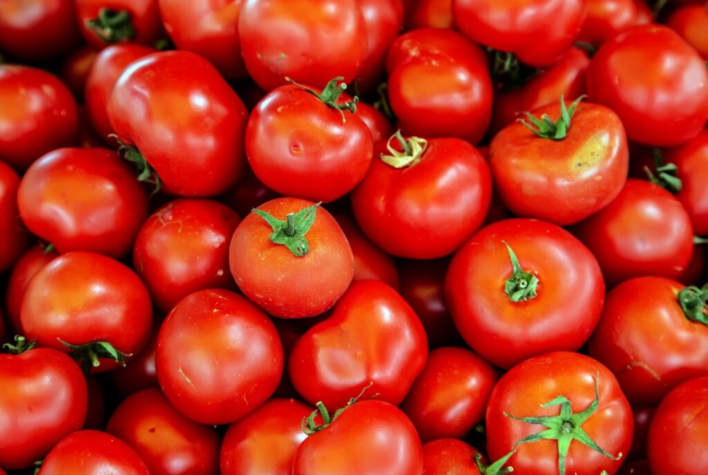 fresh red tomatoes closeup vegetable background Top view blur textures soft focus.