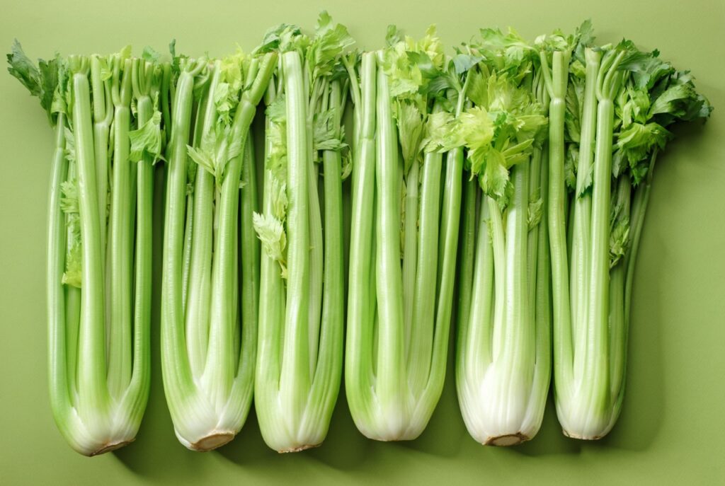 fresh bunches of celery on a green background