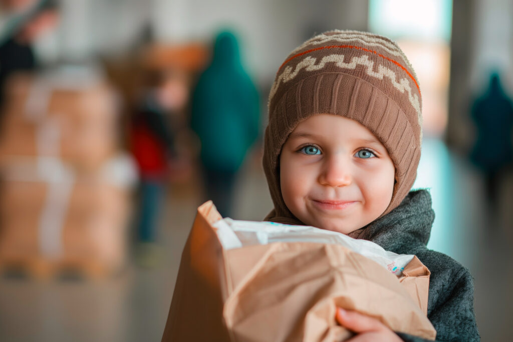 Little boy in winter hat holding a food bank order